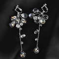 Silver bridal tassel clip-on earrings with teardrop crystals on black satin - Silver