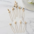 8-piece gold bridal hair pin set with white pearls and delicate metallic leaf accents - Gold