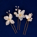 Three-piece bridal hair pin set with golden wire-woven flowers and pearls on blue fabric - Gold 3-Piece Set / Gold