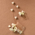 Pettine per capelli mughetto fatto a mano con petali bianchi e frange dorate lunghe - Pettini Per Capelli Nappa Fatti a Mano / Set Giglio Bianco Verde Oro