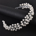 Close-up of handmade silver bridal hair vine with white pearls and crystals - Silver Pearl Version
