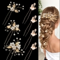 Set da 7 pezzi di forcine per capelli da sposa con foglie dorate e perle per acconciature - Combinazione di sette articoli / Oro