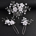 Set di tre accessori per capelli da sposa con fiori bianchi perle e cristalli - Bianco