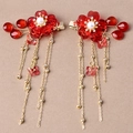 Coppia di fermagli per capelli vintage in stile cinese con fiori rossi e nappe dorate - Rosso