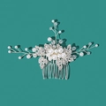 Peine de novia hecho a mano con hojas de diamantes de imitación y elegantes perlas blancas - Plateado