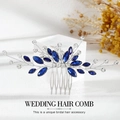 Silver bridal hair comb with deep blue gemstones and sparkling crystals in floral design - Blue