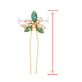 U-shaped gold hairpin with emerald green and white crystals including size dimensions - Green Flower Basket Style