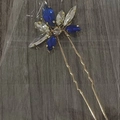 Handcrafted gold U-shaped hair pin with green and clear crystal flower on wood - Royal Blue