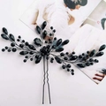 Elegante forcina per capelli a U con cristalli neri e design floreale in filo di perle a mano - Nero