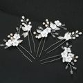Set de 5 horquillas de novia con flores de arcilla blanca y hojas de metal plata - Plateado