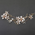 Exquisite gold bridal hair vine with white flowers, pearls, and rhinestones headpiece - Gold