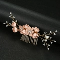 Exquisite pink floral bridal hair comb with pearls and rhinestones on a golden base - Pink