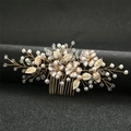 Handmade bridal hair comb with gold leaves champagne flowers and white pearls - Gold