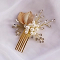 Peigne à cheveux de mariée doré élégant avec feuilles en métal, perles blanches et strass - Style Feuille d'Or Perle / Or
