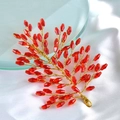 Detail of red crystal beads and gold wire vine on white silk for wedding hair accessory - Red Crystal + Gold Wire