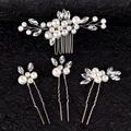 Set de 4 piezas para novia con peine y horquillas de perlas blancas y cristal - Conjunto de Joyas Plateado