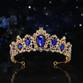 Corona da sposa reale in metallo dorato con gemme blu a goccia e cristalli brillanti - Strass Blu