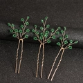 Detail of three handmade gold branch hair pins with green beads for bridal hairstyles - Green Crystal Set
