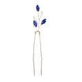 Detailed close-up of U-shaped hair pin with blue crystals and white pearls for bridal hair - Sapphire Blue