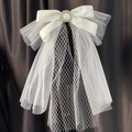 Elegant bridal white multi-layer veil with satin bow and pearl rhinestone accents - 60cm-80cm / White