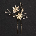 Golden flower and leaf hair pin with sparkling rhinestones and white pearls - Gold