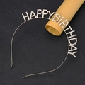 Golden Happy Birthday metal crown headband with white sparkling rhinestones on black background - Gold