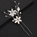 Silver bridal hair pin with hollow flower patterns, pearls and sparkling rhinestones - Silver