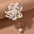 Elegant beaded pearl flower boutonniere for weddings with a long silver pin and floral design - Style 1 White