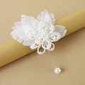 Elegant white beaded flower wedding boutonniere with long silver pin and pearl details - Style 2 Mesh Flower