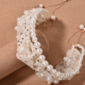 Detail of bridal headband featuring pearls, sequins, lace, and gold tassel chains - Style 3 Gold Sequin