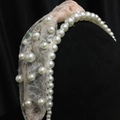 Detail of bridal headband featuring white pearls, pink lace mesh and sparkling sequins - Style 4 Light Pink Sequin