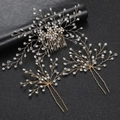 Three-piece bridal hair jewelry set with rhinestones and pearls on gold wire branches - Gold