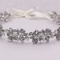 Silver bridal headband with intricate floral rhinestones and adjustable white ribbon - Silver With Ribbon