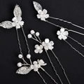 Set of 5 silver bridal hair pins with white five-petal flowers and faux pearls - Silver