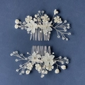 Set di pettini per capelli da sposa in argento con fiori opachi, cristalli e perle - Stile Filo / Argento