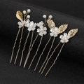 Five-piece bridal hair pin set featuring gold leaves and white resin flowers with pearls - Gold