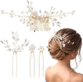 Elegante set di 4 pettini e forcine da sposa con perle bianche e strass scintillanti - Oro KC
