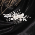 Bridal hair comb with white ceramic flowers, silver leaves, pearls and rhinestones - Silver