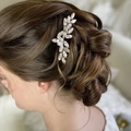 Pettine per capelli da sposa argento con foglie e strass scintillanti nell'acconciatura - Argento + Strass Trasparente