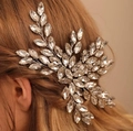 Silver leaf hair comb with blue marquise crystals for elegant wedding hairstyles - Clear Rhinestone + Silver Wire