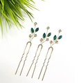 Set di tre forcine a U dorate con strass verde smeraldo e bianchi per acconciature - Tre Per Gruppo / Filo Oro Strass Verde