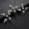 Set de tres horquillas plateadas para novia con hojas de diamantes de imitación y perlas - Plateado