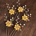 Detailed set of five gold floral hair pins with yellow flowers and white pearls - Hairpin Set / Yellow