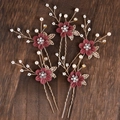 Detailed close-up of 5pcs burgundy flower hair pins with pearls and crystals - Hairpin Set / Burgundy