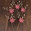 Detailed set of five pink floral hairpins with rhinestones and pearls on wood - Hairpin Set / Rose Red