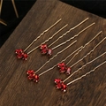 Five-piece set of U-shaped gold hair pins with red marquise gemstone flower tops - Red