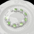 Lujosa pulsera de plata S925 con circonitas verde manzana ovaladas y micro-pavé de piedras blancas - Pulsera de Flores de Strass (Cobre Chapado en Oro Blanco)
