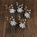 5-piece bridal hair pin set with light blue flowers, gold leaves and pearls - Hairpin Set / Light Blue