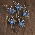 5-piece bridal hair pin set with blue fabric flowers, pearls and golden leaves - Hairpin Set / Sapphire Blue