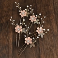 Five-piece bridal hair pin set featuring pink fabric flowers with gold leaves and pearls - Hairpin Set / Pink